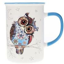KIUB Tasse mit Tieren, Bauernhof, Geweide und Bergen – Motiv Eule – feines Porzellan – Fassungsvermögen 360 ml