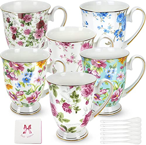 Bone China Mugs Set, Ceramic Espresso Cupsceramic Espresso Cups Set Made of Fine Bone China Mugs, 6 x 325ML for Tea Coffee Cappuccino, Flower Cups, Tea Cups