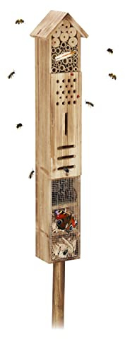 Relaxdays Insect Hotel With Stand, Wood, Bug House Garden, HxWxD: 150 x 15.5 x 11 cm, Butterfly Home, Natural