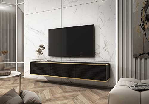 3E 3xE living.com Hängendes TV Schrank - Modernes Design mit Push-to-Open-Funktion. Farbe: SCHWARZ, D: L: 175 cm, H: 30 cm, T: 32 cm. TV Lowboard, TV Board, TV Sideboard Hängend, Wandschrank hängend