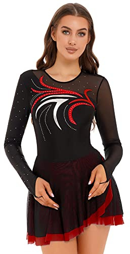 iEFiEL Damen Langarm Eiskunstlauf Kleid Glitzer Tanzkleid Strass Kürkleid Rollkunstlauf Bekleidung Tanzanzug Tanzkostüm Rot XL