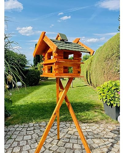 DARLUX handgefertigtes rechteckiges Vogelhaus/Vogelvilla M - XXL wetterfest aus Holz Vogel Futterstelle Haus mit und ohne Ständer (Größe XXL mit Ständer, Grün - Braun)