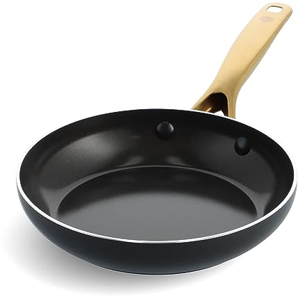 Blue Diamond Gold 8 Frying Pan Skillet, Ceramic Nonstick, PFAS Free, PFOA Free, Induction Suitable, Dishwasher Safe, Gold Handle, Black