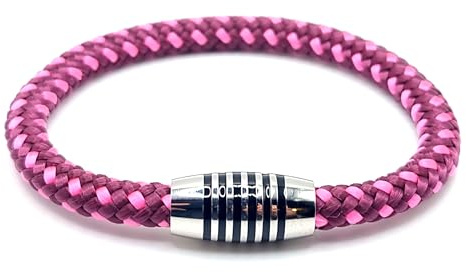 Armband Aubergine/Rosa aus farbintensiven Paracord-Segeltau mit schwarz emailliertem Edelstahlmagnetverschluss.