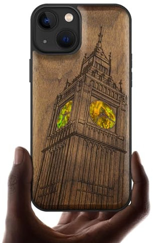 Carveit Coque Magnétique pour iPhone 13 Étui de Protection TPU, Gravure en Bois et Incrustation de Coquille Cover Compatible avec 13 Magsafe Coque (Noyer-Big Ben de Londres)
