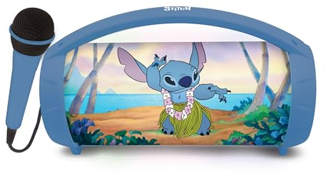 Lexibook, Disney Stitch, Enceinte Haut-Parleur sans Fil Lumineuse avec Micro, Son stéréo, Fonction karaoké, Ports USB et Carte SD, Batterie Rechargeable, Poignée de Transport, Bleu, BTP585DZ
