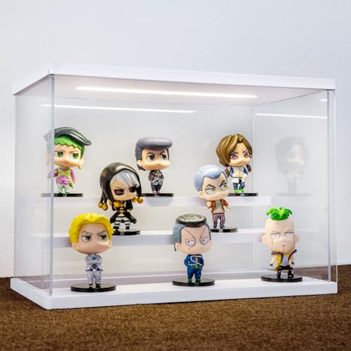 AZEYN Acryl Vitrine mit LED Beleuchtung, 3/4/5/6 Stufen Staubdicht Schaukasten für Minifiguren, Display Case Box für Modellautos Collectibles (Weiß 3 Stufen 32×18×23cm) | 3-stöckige Vitrinen, Ständer, Montagebox, staubdichter Schutz, Vitrine für Sammlerfigur (weiß, 32 x 18 x 23 cm)