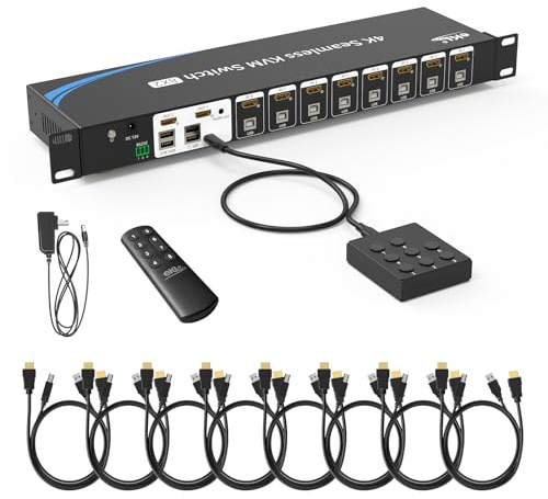 eKL 8 Port Real Seamless Switching HDMI KVM Switch 8 Computers 4K@30Hz 1U Rack Mount, 3.5mm Audio Extractor, Desktop Controller, Hotkey, Mouse, RS232 Code Switching