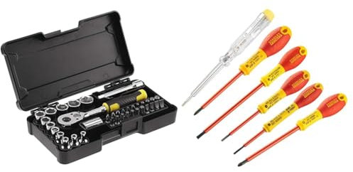 Stanley Stmt82672-0 Coffret De Douilles ¼’’ + Cliquet 72 Dents + 1 Rallonge 75Mm + 1 Porte Embout & FatMax 0-65-443 Jeu De 6 Tournevis Isolés 1000V - Gamme FatMax - Fabriqué En France