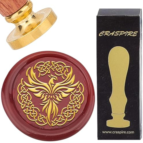 craspire Kit de Tampons de Cire à Cacheter Vintage avec Nœud Celtique Phoenix Tête en Laiton Doré Amovible de 30mm avec Poignée en Palissandre pour Invitations de Mariage Enveloppes Emballages de Vin