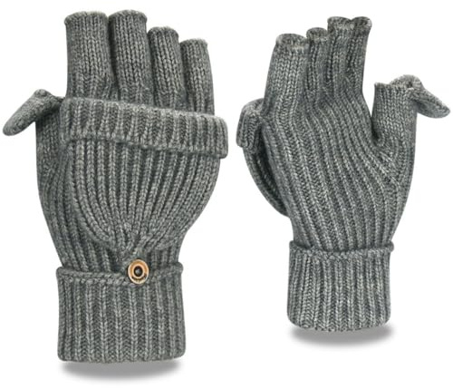 Yaopelky Fingerlose Handschuhe für Damen und Herren, Winter, warme Flip-Handschuhe, Halbfinger, gestrickte Fäustlinge, wandelbare Thermo-Fäustlinge