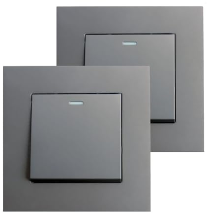 Interruptor de luz de 2 vías, interruptor de botón basculante con puntos de fósforo, panel de pared gris brillante moderno, interruptor de luz individual eléctrico, 2 vías, 1 banda, 2 unidades, 16 A,