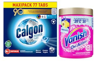 Calgon 4 in 1 Power Tabs - Wasserenthärter gegen Kalkablagerungen - 77 Tabs & Vanish Oxi Action Fleckenentferner Pink Pulver 550g – Fleckenentferner und Wäsche-Booster Pulver ohne Chlor