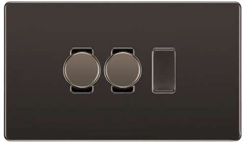 BG Black Nickel Screwless 3 Gang Switch 2x Trailing Edge LED Dimmer 1x 2 Way Custom Switch