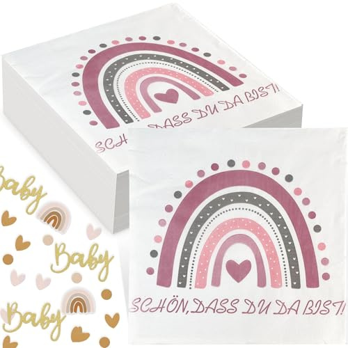 40 Stück Servietten 'Schön Dass Du Da Bist', Boho Regenbogen, 3-lagig, Papierservietten für Geburtstage, Taufe, Hochzeit mit 100x Deko Konfetti