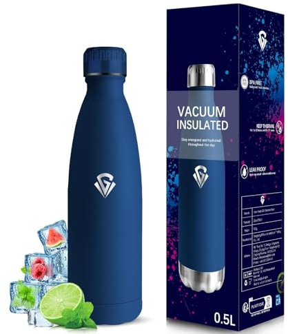 Grsta Borraccia Termica, Borraccia 500 ml, Senza BPA, Borraccie Acciaio Inox, Senza Perdite, Borraccie 0,5 litri, Acciaio Inossidabile 18/8, per Scuole, Campeggio, Viaggio, Blu scuro