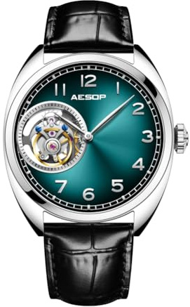 SEAKOSS Aesop Montre mécanique à mouvement tourbillon véritable pour homme avec saphir et cadran aurore étanche, Cuir avec gris