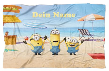 PICANOVA Kinder Handtuch mit Name Minions 140x90 cm – Personalisiertes Badetuch, Strandtuch für Kinder aus hautfreundlichem Frottee – Geschenk für Fans von Ich – Einfach unverbesserlich – Beach Day
