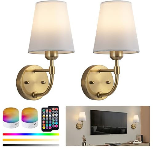 FTL 2 Stück Wandleuchte Innen Akku Gold, E27 Batteriebetriebene LED Wandlampe mit Fernbedienung, Vintage Dimmbare Wandleuchte mit Stoffschirm, Aufladbar Kabellose Wandlampe für Schlafzimmer Wohnzimmer