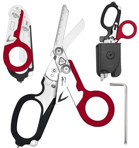 Trauma Schere Multitool Rettungsschere mit 6 Praktischen Funktionen Faltbare Scherenzange aus Edelstahl-Ideal für Professionellen Einsatz Im Rettungsdienst Oder Alltägliche Aufgaben,Schwarz-Rot