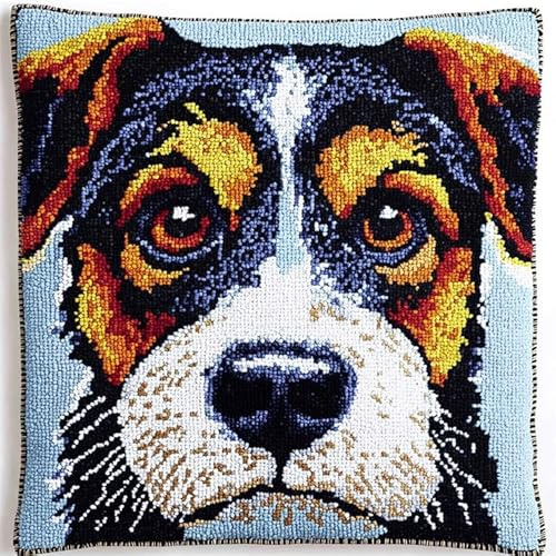 AxiangziK Tier Hund Knüpfkissen Zum Selber Knüpfen,Niedlicher Hund,DIY Kissen Kissenbezug Kreuzstich Latch Hook Kit Handwerk Handarbeiten Erwachsene Kinder Kunsthandwerk,17x17in