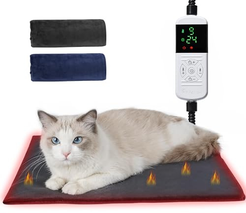 Angelpet Tapis Chauffant pour Chiens et Chats M 45x45cm – 9 Températures (35–55℃) & 14 Minuteries (0–12/24H), Coussin Chauffant Électrique pour Animaux, Câble Anti-Morsure 1,8m, 2 Housses Lavables