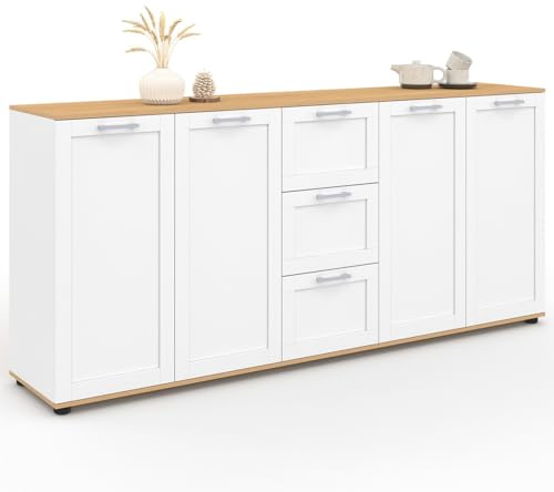IDMarket - Buffet 180 cm VITO XXL 4 Portes avec 3 tiroirs Bois et Blanc