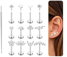 Milacolato 16G/18G/20G Piercing Ohr Chirurgenstahl Tragus Helix Piercings | Nasenpiercing Stecker Gewindelose Einschieben Flat Piercing Ohr Ohrringe Labret Rook Conch Lippenpiercing Gold Silber 6/8mm