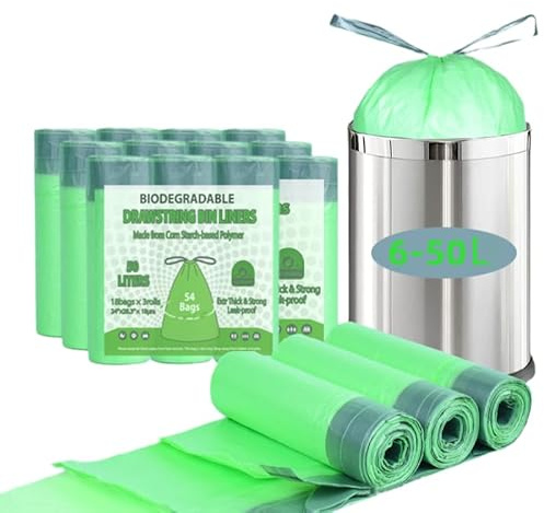 54 Biologiska Soppåsar 50L med Dragsnöre, Soppåsar för Kompostbehållare 54 Stycken Kökets Matavfallspåsar, Biologiska och Nedbrytbara Påsar för Biologiskt Köksavfall​