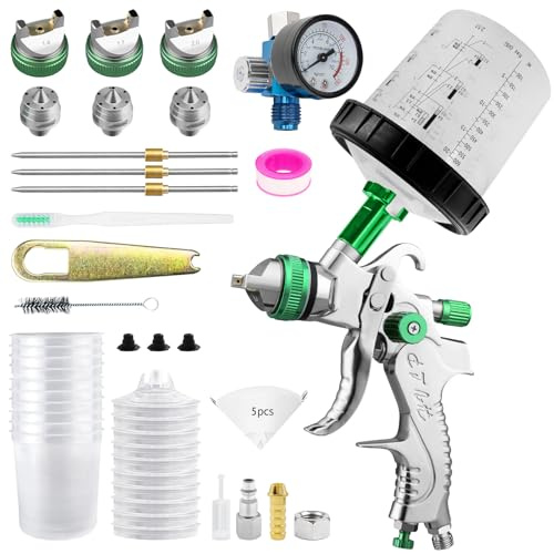 HVLP - Pistola a spruzzo professionale con 10 bicchieri usa e getta da 650 ml, pistola per verniciatura ad aria compressa, 3 ugelli 1,4/1,7/2,0 mm e accessori, HVLP mobili auto di riparazione (verde)