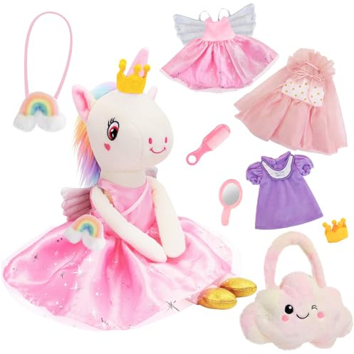 Unicorn Toys for Girls Age 4-6, Ballerina Doll Toys for Girls 3-5, Ballet Dress up Stuffed Animals Dolls with 3 Sets of Clothes & Plush Bag, Unicorn Birthday Gifts for Kids Age 3 4 5 6 7 8 9 10