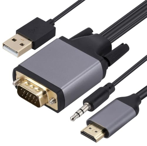 Fegtrtyoa Cable Adaptador 1080P A VGA, Cable de Datos de 1,8 M, Cable de Pantalla HD de 10 Gbps con Cable de Audio y Cable de Alimentación.
