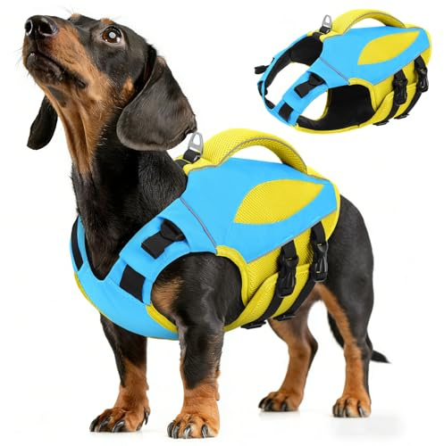 AOFITEE Schwimmweste Hund Klein, Verstellbar & Ripstop Hund Rettungsweste mit Rettungsgrif, Sicher Reflektierende Hunde Schwimmweste Hoher Auftrieb Hundeschwimmweste Kleine Hunde, Blau, S