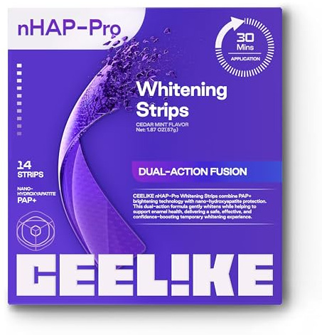 CEELIKE Teeth Whitening Strips (7 Treatments/14 Strips) - Peroxide-Free Whitening Kit with Hydroxyapatite, Enamel Safe + Cheek Retractor, Easy 3-Step at-Home Teeth Whitening for Deep Stain Removal