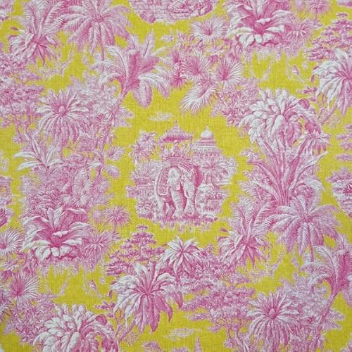 Werthers Stoffe Meterware – Exotischer Dschungel mit Elefant – Maharani Toile de Jouy Stil in Gelb & Fuchsia– Stoff für Kleidung, Kissen, Vorhänge, Patchwork & DIY 100% Baumwolle Toile