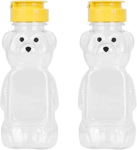 JENWUN 2 Stück 237 ml Kunststoff-Bär-Honigflaschen, leere Honig-Quetschflasche mit Klappdeckel zum Aufbewahren und Dosieren, gelbe Klappverschlüsse zur Aufbewahrung und Dosierung von Knoblauchpressen
