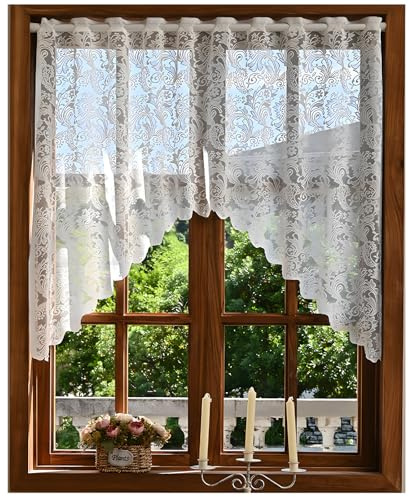 RhiVrillion Cortina Cocina Encaje Flores Perlas, Visillos Cortos para Ventanas de Dormitorio y Salón, Cortina Blanca Translúcida 150x100cm