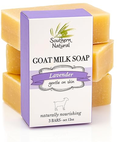 Southern Natural Goat Milk Soap Bar (Lavender 3 Pack) For Dry Sensitive Skin. Natural, Handmade Soap For Men, Women, Kids & Baby. Use On Face & Body
