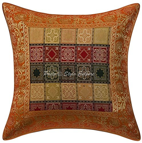 Stylo Culture Indio Fundas Almohadones Decorativa 40x40 cm Brocado De Seda Floral Fundas para Cojines Sofa Naranja 16x16 Inch Jacquard Cuadrado Cremallera Fundas Almohadones para Sillas - 1 Pc