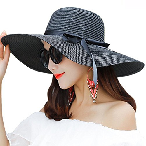 Damen Schleife Faltbar UV Schutz Sonnenhut Strohhut Strandhut Sommerhut Floppy Hut Schwarz