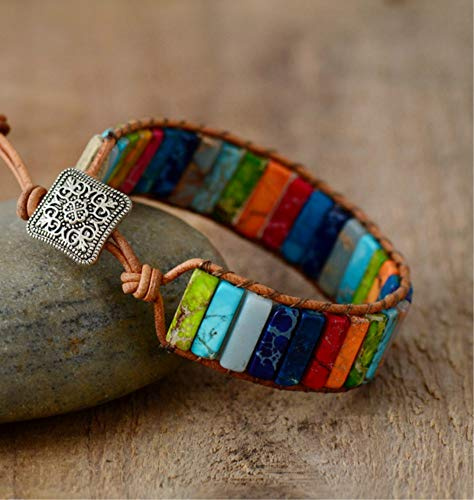 Lucky House Chakra Armband Schmuck Handgemachte Multi Color Naturstein Rohr Perlen Leder Wickelarmband Paare Armbänder Kreative Geschenke (Quadratische Schnalle)