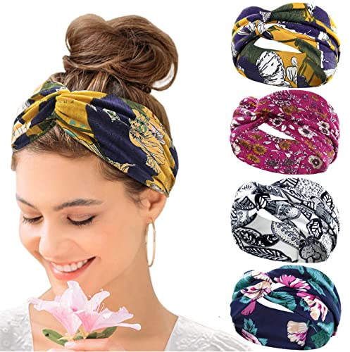 KAVYA Haarband Damen Sommer Elastisch Haarbänder Stirnband Damen Boho Breit Stirnbänder Mehrfarbig Muster Yoga Haarschmuck 4 Pcs