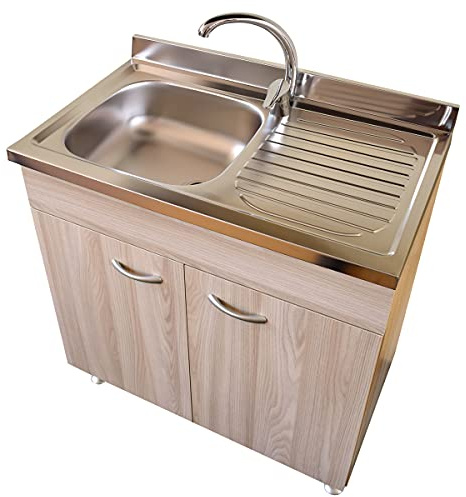 Yellowshop | Mobile cucina sottolavello a 2 ante cm 80 colore Olmo completo di lavello inox serie Basic (Versione Dx)