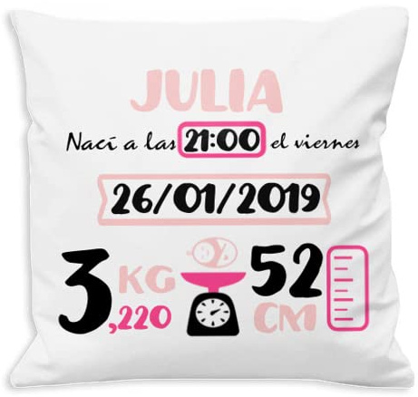 NANNUK - Cojín Nacimiento Personalizado Rosa y Fucsia para recién Nacidos, se Personaliza con Nombre, Hora, Fecha, Peso y Medida del bebé. 45 x 45 cm.