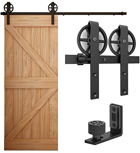 WOLFBIRD 305cm/10ft Schiebetürbeschlag Set: Schiebetürsystem Zubehörteil Schiebetür Komplettset mit Einstellbar Bodenführung, Riesenrad-Stil in Schwarz