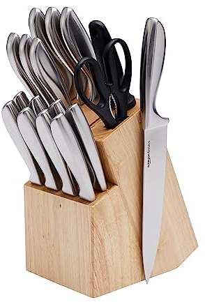 Amazon Basics Edelstahlmesser-Set mit Komfortgriff und Block, 18 Stück, 1er-Pack, Schwarz