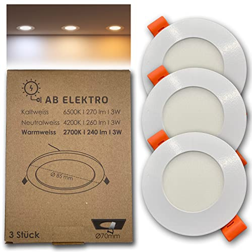 AB Elektro LED Einbaustrahler Flach 230V, 3W, Ultra Slim Einbauleuchte IP20, 4000K Neutralweiß, Aluminium, Deckenstrahler für Bad, Küche, Wohnzimmer – Set aus 3 Spots