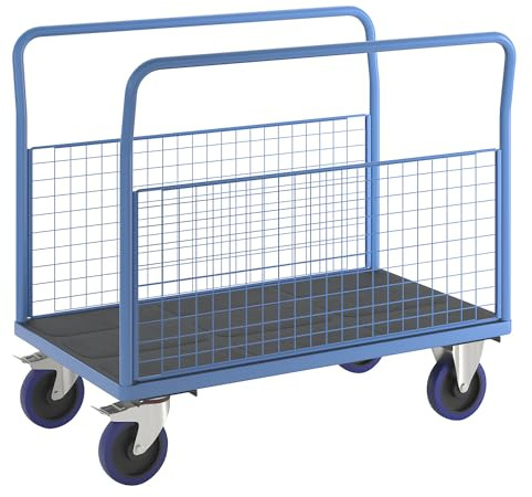 eurokraft | Plattformwagen mit Gitterwänden | Vollelastik-Rollen | 2 hohe Gitter-Seitenwände | LxB 1250 x 720 mm