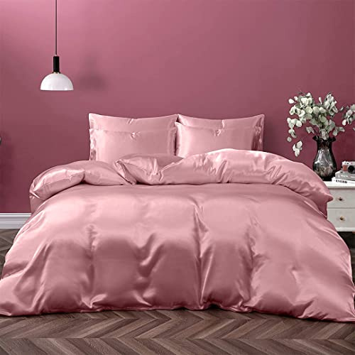 Kanak Bedding Satin 3 Piece Silk Like Duvet Cover Set,Ultra Soft and Breathable Bedding Set with 1pc Duvet Cover Zipper Closure & 2Pillow Cover.(Dusty Rose,Full XL)