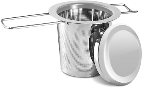 1 Stück Teesieb Edelstahl aus Rostfreiem Stahl, Ein Teefilter mit Einklappbaren Doppelgriffen und Deckel zum Einhängen an Teekannen, Tassen, Bechern und zum Aufbrühen von Losen Teeblättern und Kaffee